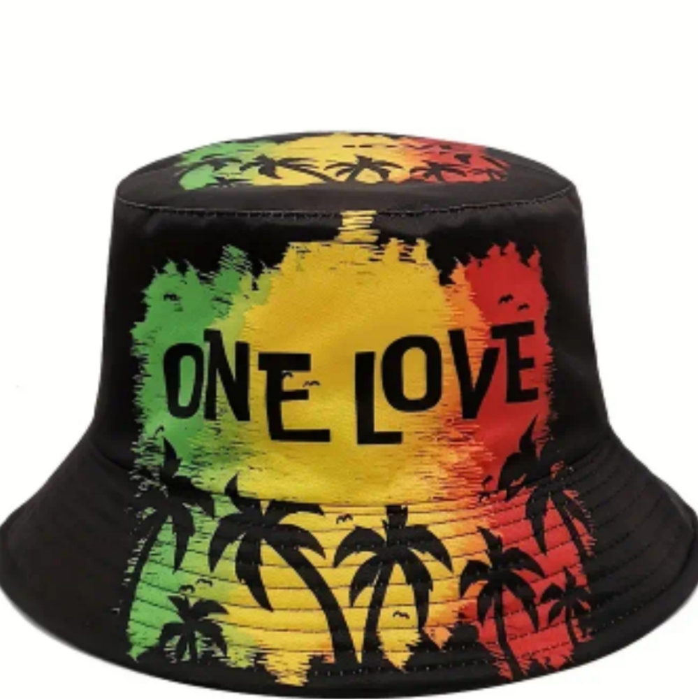 NWT - "One Love" Unisex Colorful Black Bucket Hat 22"/23"